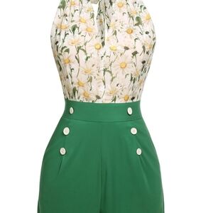 Retro Stage Romper - Small -  Floral Halter Top with Green High-Waisted Shorts